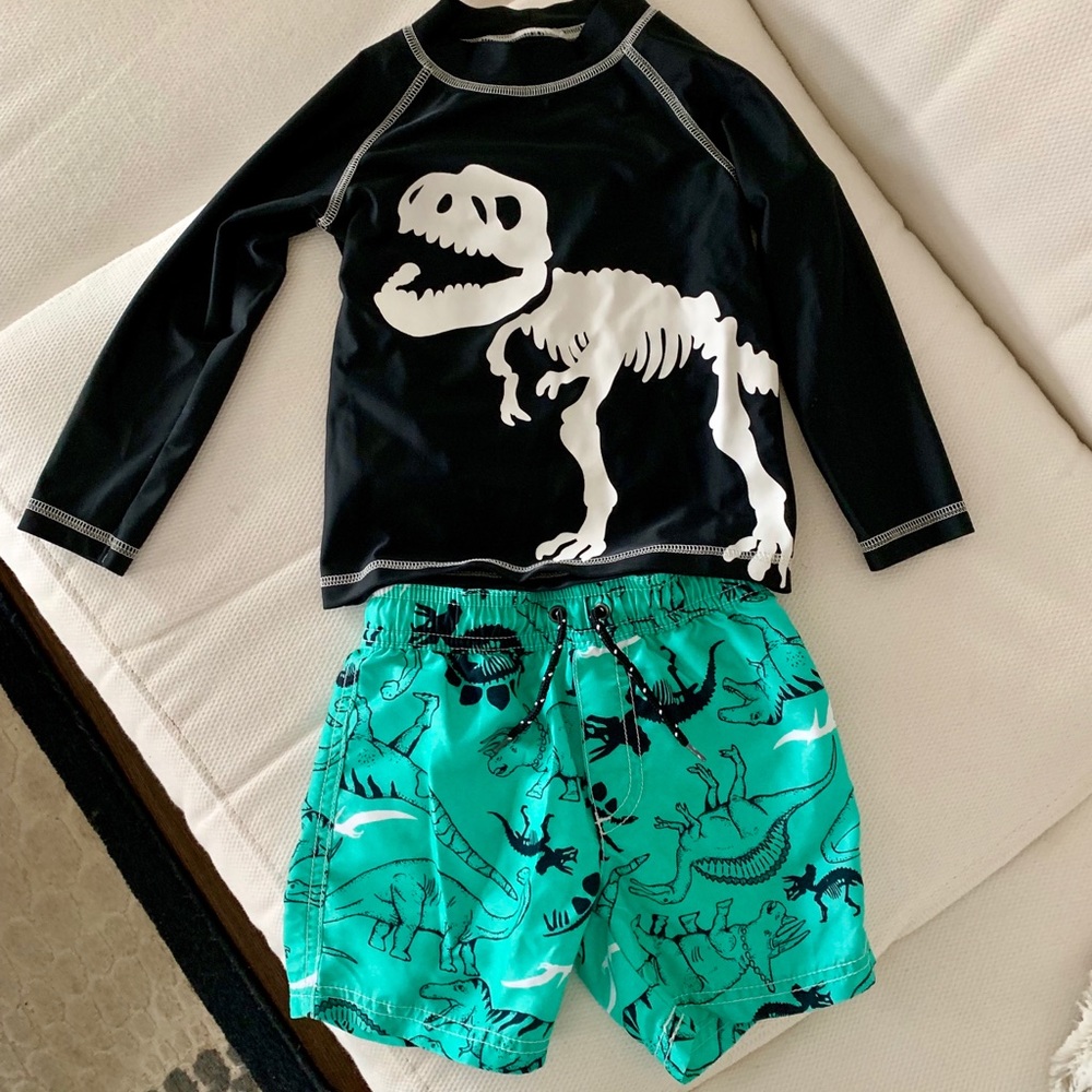 2T rash guard and trunks with dinosaur print